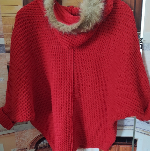 Waffle-Knit ♥️ Red Hoodie-Sweater + Faux-Fur Trim~ 1 Size Fit - Picture 2 of 8